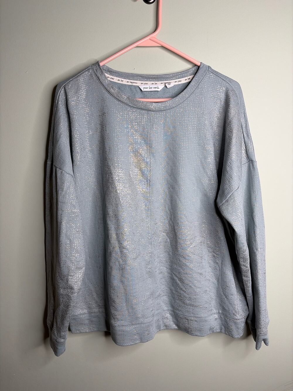 Peace Love World Womens Blue Metallic Crewneck Sweatshirt Large